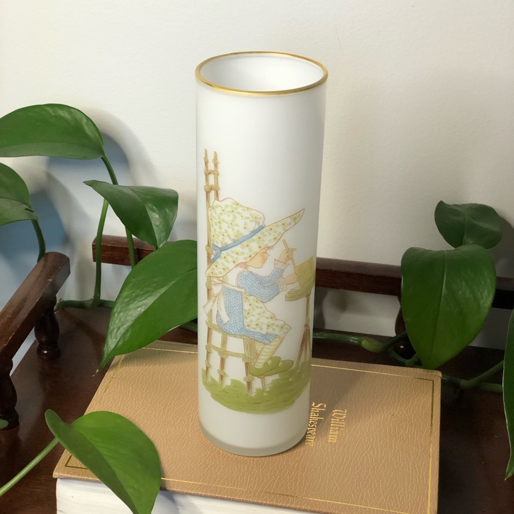 Frost White Glass Cylinder Vase with Holly Hobbie Style Girl Writing in Diary